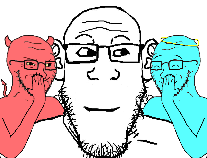 3soyjaks angel animated arm blue_skin closed_eyes closed_mouth demon ear glasses halo hand horn neutral red_skin smile smug soyjak stubble subvariant:neutralplier tail variant:markiplier_soyjak variant:soyak whisper yellow_eyes // 878x670 // 252.6KB