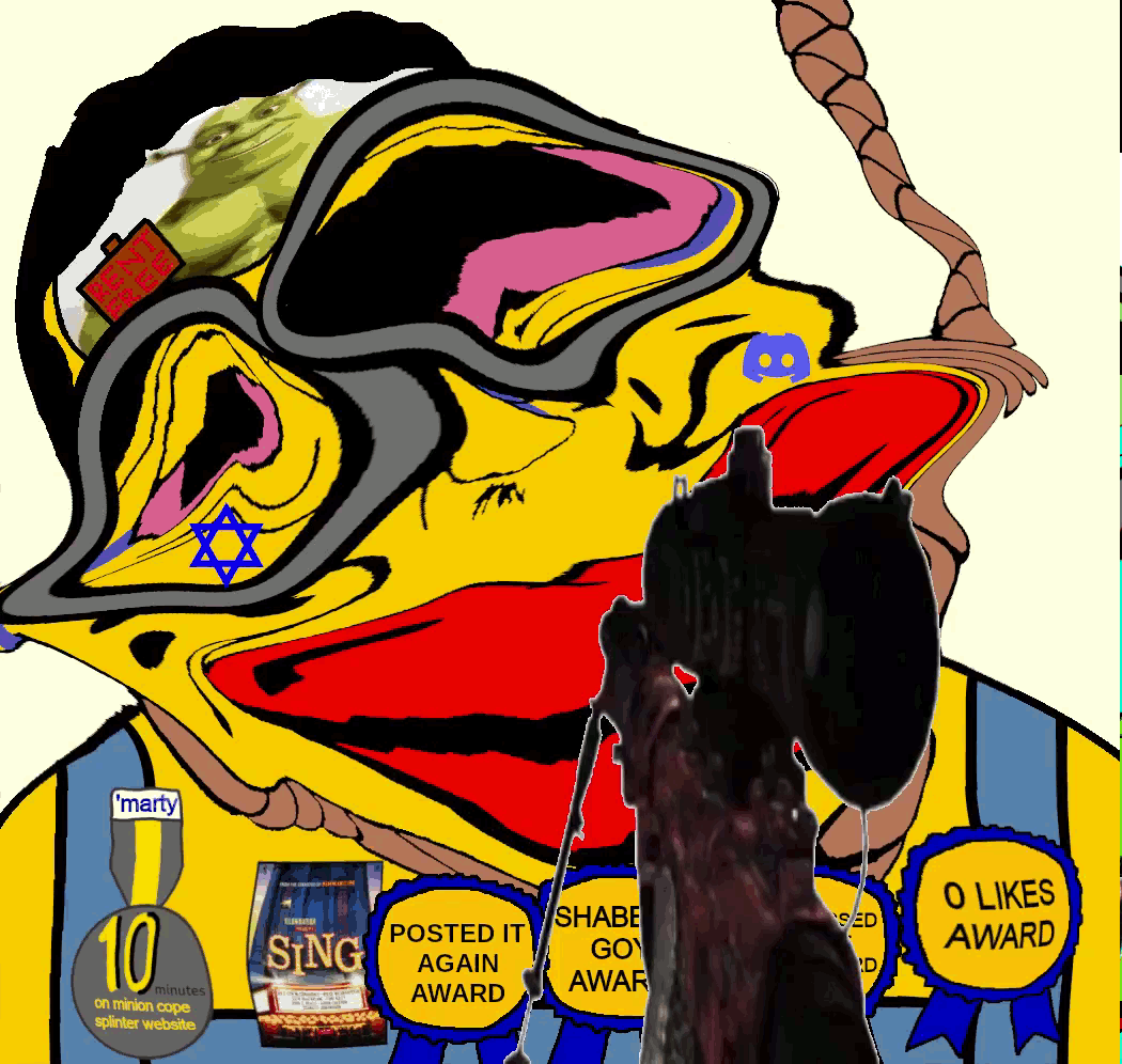 award awards call_of_duty discord goggles intervention_(weapon) judaism marty martycuck medal minion minions_party mlg modern_warfare_2 quickscope rent_free shrek sing_(movie) sniper_rifle splintercuck star_of_david subvariant:chudjak_front subvariant:jartycuck variant:chudjak yellow_skin // 1050x996 // 3.4MB