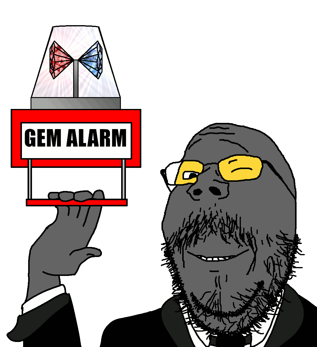 alarm animated arm clothes gem glasses hand holding_object necktie police_light smile soot soot_colors soyjak soyjak_party stubble subvariant:wholesome_soyjak suit text variant:gapejak wink // 1070x1172 // 482.9KB