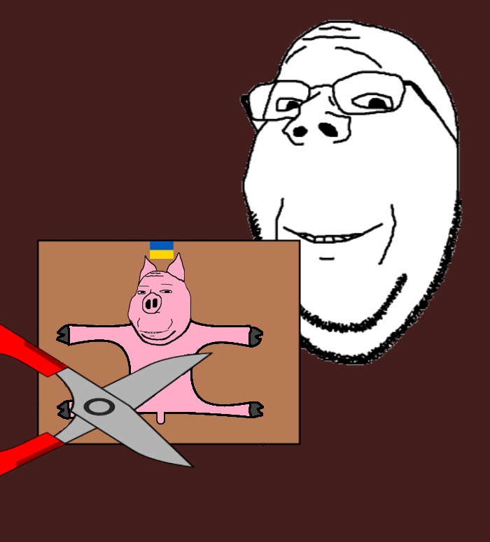 2soyjaks animal animal_abuse animated arm blood country cut ear flag frown full_body glasses gore leg meta:pornographic_content nsfl nsfw penis pig pink_skin scissors smile snout soyjak stubble subvariant:massjak subvariant:wholesome_soyjak ukraine variant:gapejak // 700x775 // 72.0KB