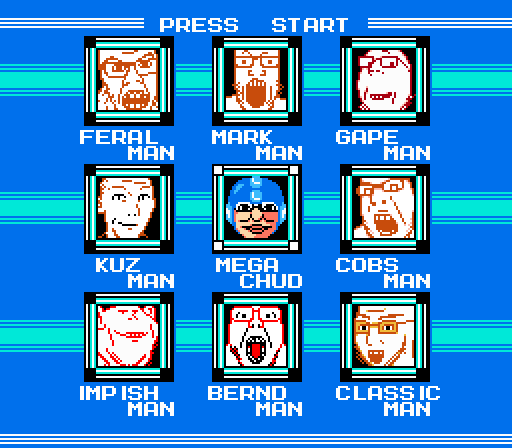 angry animated chud closed_mouth game glasses mega_man nes open_mouth pixel_art smile soyjak stubble variant:bernd variant:chudjak variant:cobson variant:feraljak variant:gapejak variant:impish_soyak_ears variant:markiplier_soyjak variant:soyak // 512x448 // 25.7KB