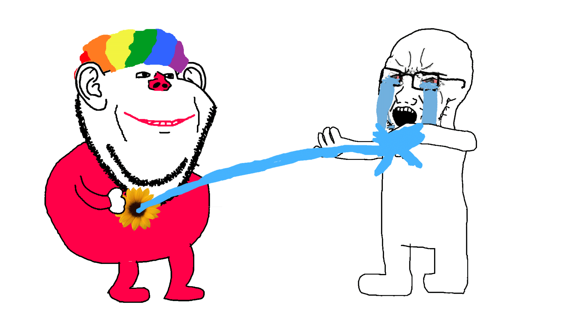 clown crying flower full_body glasses lips plant rainbow_hair rainbow_wig red_lips red_nose red_shirt series:The_Prankster smile spray stubble subvariant:The_Prankster sunflower variant:impish_soyak_ears variant:soyak water wig // 1920x1080 // 1.8MB