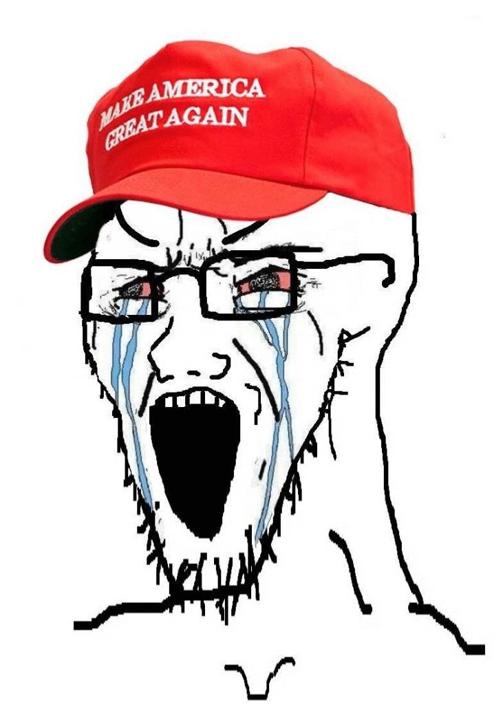 animated bloodshot_eyes cap clothes crying donald_trump glasses hat judaism maga moving open_mouth soyjak stretched_mouth stubble variant:soyak // 731x1024 // 359.9KB