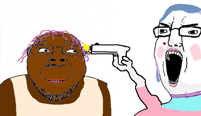 2soyjaks animated arm black_skin blood bloodshot_eyes blue_hair choker clothes crying dead firearm glasses gun hair hand holding_gun holding_object holding_pistol mole murder open_mouth pink_hair pistol purple_hair shooting sleeveless_shirt smile soyjak stubble tongue tranny variant:bernd variant:chudjak weapon yellow_teeth // 650x377 // 73.9KB