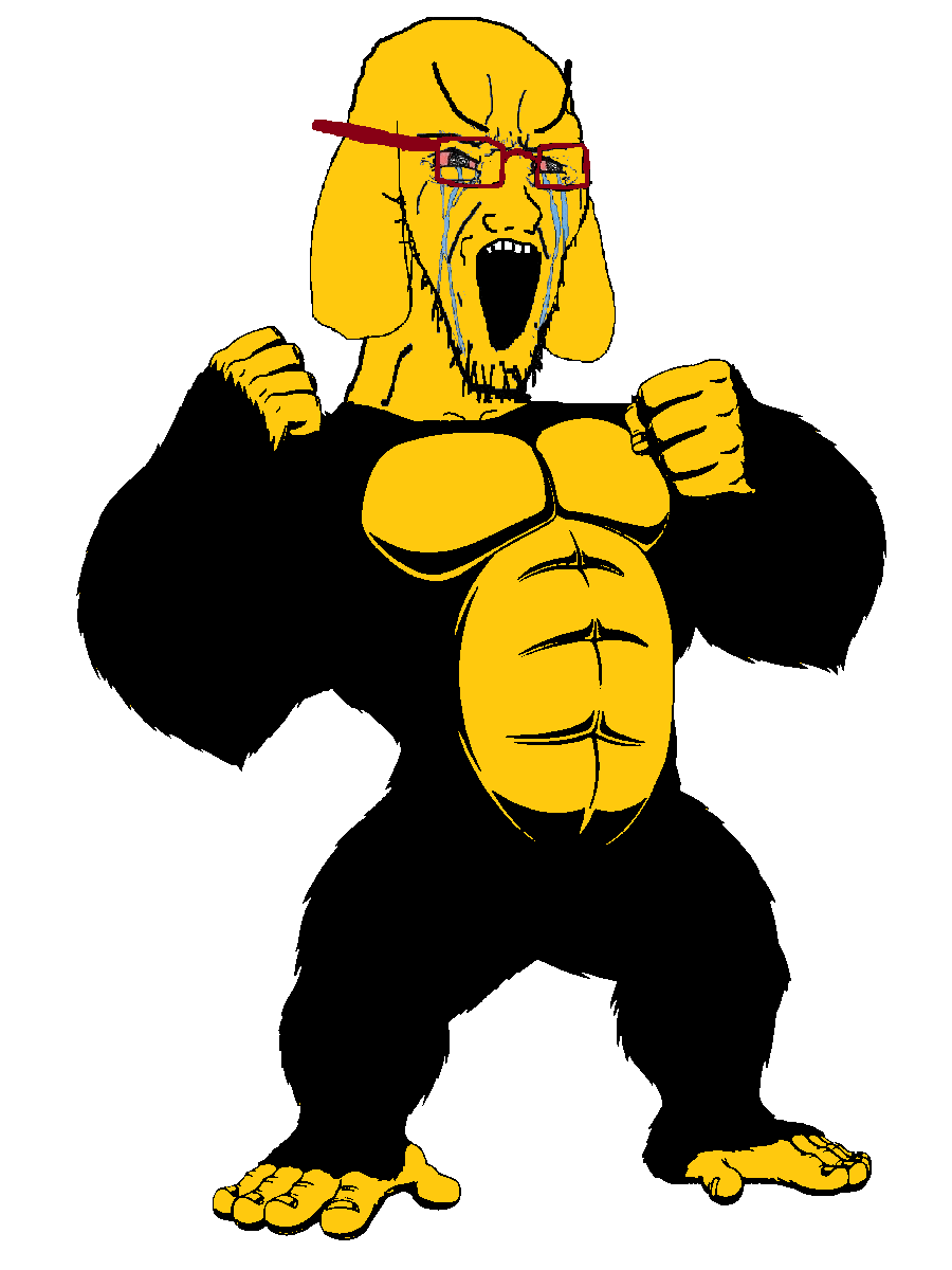 animal animated arm bloodshot_eyes crying dog ear full_body glasses gorilla hand janny large_eyebrows leg open_mouth soyjak stretched_mouth stubble variant:soyak yellow yellow_skin // 900x1200 // 96.7KB