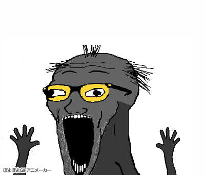 animated arm glasses grey_skin hair hand hands_up japan open_mouth ponpon poyopoyo soot soot_colors soyjak soyjak_party stretched_mouth stubble subvariant:wewjak text variant:soyak // 400x340 // 237.5KB