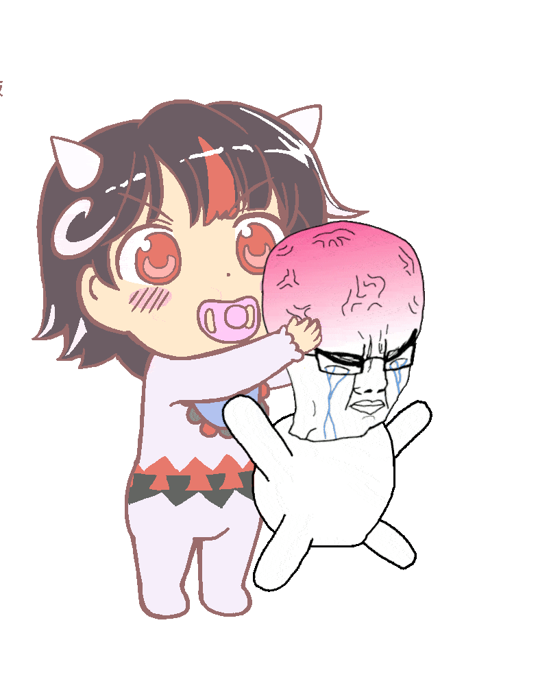 angry animated anime arm baby big_brain chud closed_eyes closed_mouth crying fast full_body glasses gyate_gyate hair hand holding_object leg pacifier seija_kijin soyjak struggling touhou variant:chudjak vein video_game // 785x1000 // 317.4KB