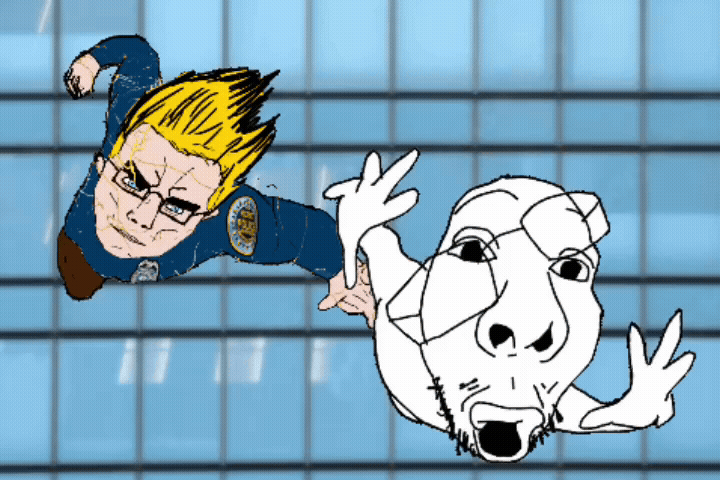 2soyjaks animated arm badge buff building falling fist full_body glass glasses glasses_askew hair hand hands_up lips looking_at_you mustache open_mouth police soyjak stubble superhero variant:chudjak variant:fisheyejak window yellow_hair // 720x480 // 4.2MB