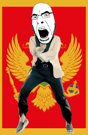 angry animated bird country cross cruciger dance flag flag:montenegro full_body gangnam_style glasses irl montenegro open_mouth reichsadler scepter soyjak stubble tongue variant:cobson // 300x460 // 519.5KB