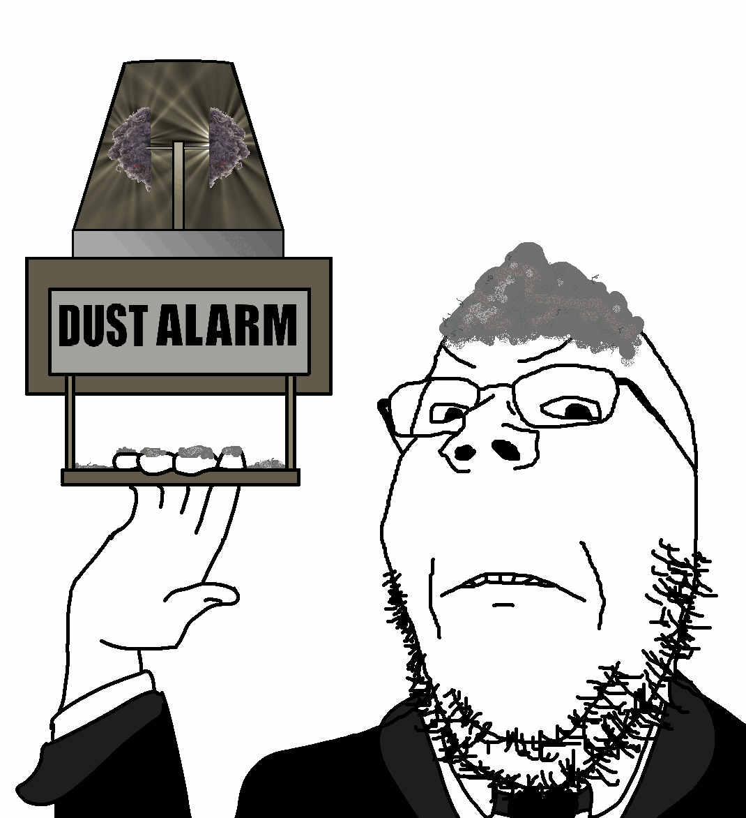 alarm animated arm clothes dust frown glasses hand holding_object necktie police_light sign soyjak stubble suit text variant:gapejak // 1070x1172 // 490.2KB