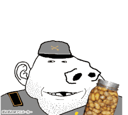 animated clothes confederate deformed ear food hat japanese_text jar large_nose no_eyebrows nut peanut poyopoyo smile soyjak stubble subvariant:arkansasjak text tonton uniform variant:impish_soyak_ears // 255x228 // 219.7KB