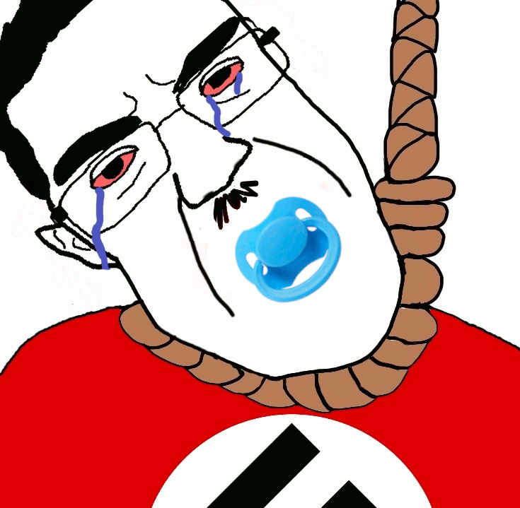 animated bloodshot_eyes clothes crying glasses hair hanging mustache nazism pacifier politics rope soyjak subvariant:patrick suicide swastika variant:chudjak // 735x719 // 143.4KB