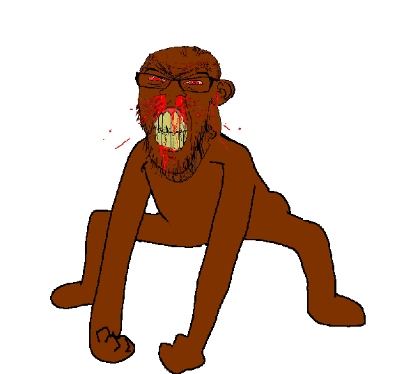 angry animated blood bloodshot_eyes brown_skin clenched_teeth cracked_teeth dance ear glasses hand leg monkey_dance nosebleed red_eyes soyjak stubble subvariant:feralrage text variant:feraljak vein yellow_teeth // 570x537 // 73.5KB