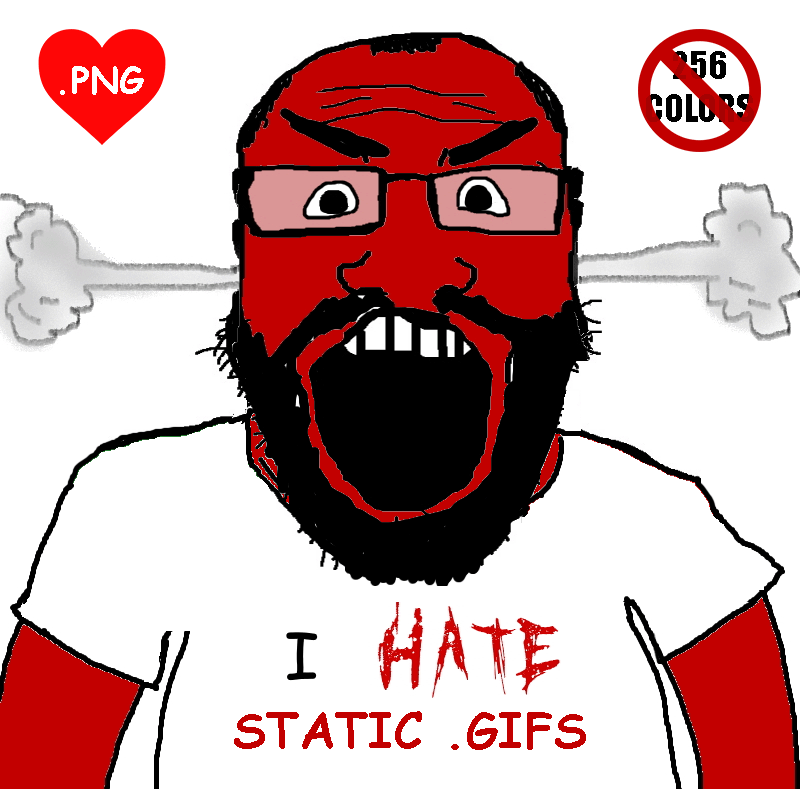 angry animated balding clothes comic_sans ext=gif fume glasses hair heart i_hate open_mouth png red_skin soyjak subvariant:science_lover text tshirt variant:markiplier_soyjak // 800x789 // 70.8KB