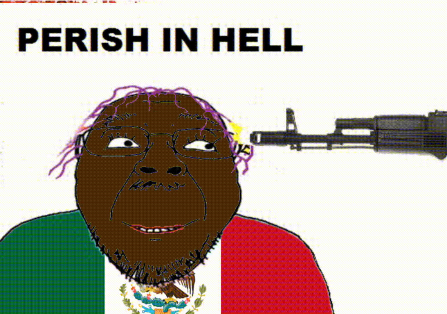 ack ak-47 blood bloodshot_eyes chud_(boorufag) chud_(soybooru) coat_of_arms dead death eagle flag:mexico flash gun gunshot hell lipstick meta:op_took_a_selfie_of_xerself mexico pink_hair rope teeth variant:bernd // 1540x1080 // 969.2KB