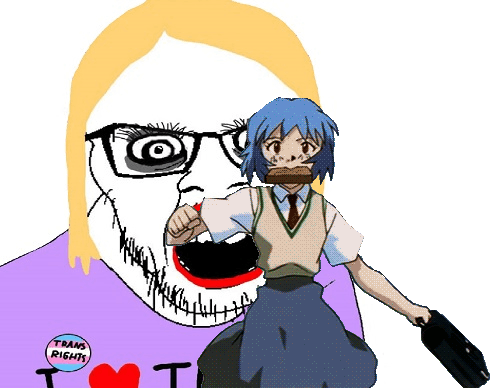 animated anime ayanami_rei blue_hair crazed glasses hair makeup neon_genesis_evangelion open_mouth running soyjak stubble toast tranny variant:feraljak yellow_hair // 500x388 // 205.9KB