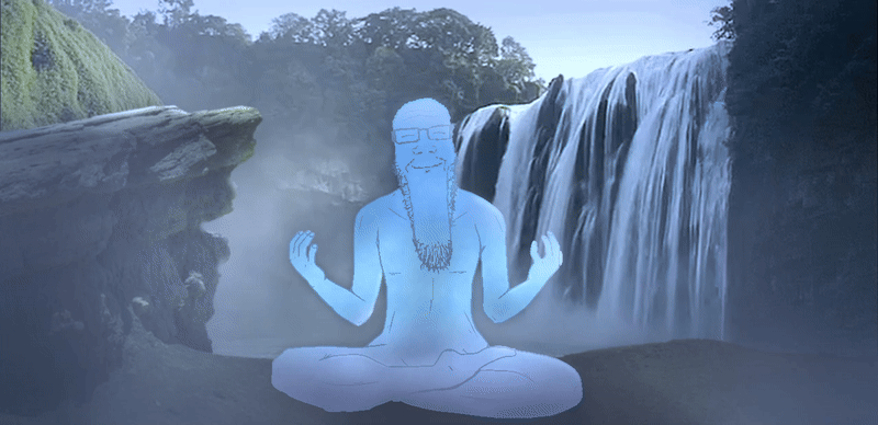 arm calm cliff fog foot forest full_body glasses hand large_chin ledge leg meditating meditation meta:tagme moss nails nature nose real_life realistic relaxed relaxing rock rocks shading sitting sky smile stubble tree variant:markiplier_soyjak water waterfall wrinkles // 800x388 // 12.8MB