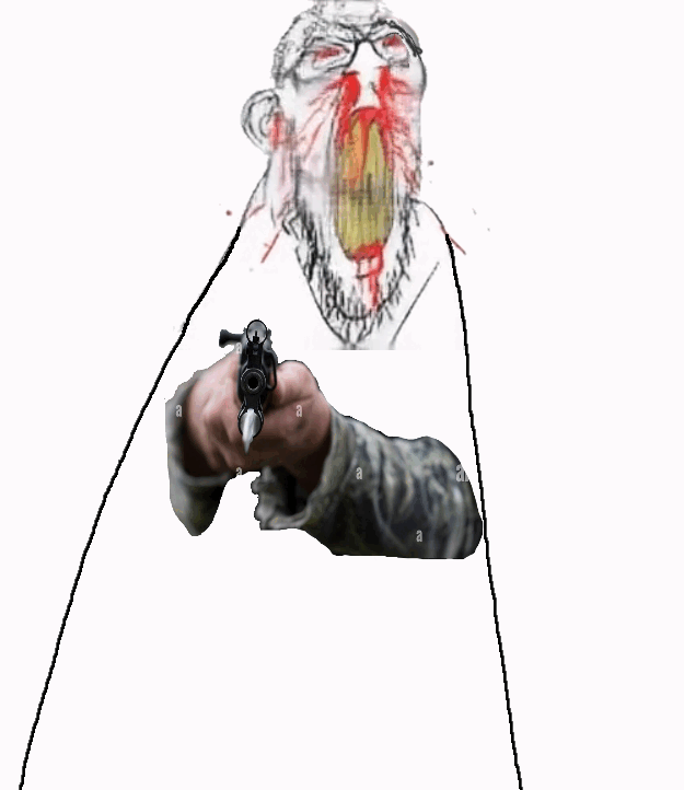 angry animated arm blood bloodshot_eyes clenched_teeth ear firearm glasses gun hand holding_gun holding_object holding_rifle nosebleed red_eyes rifle shooting soyjak stubble subvariant:feralrage variant:feraljak vein weapon yellow_teeth // 625x722 // 158.4KB