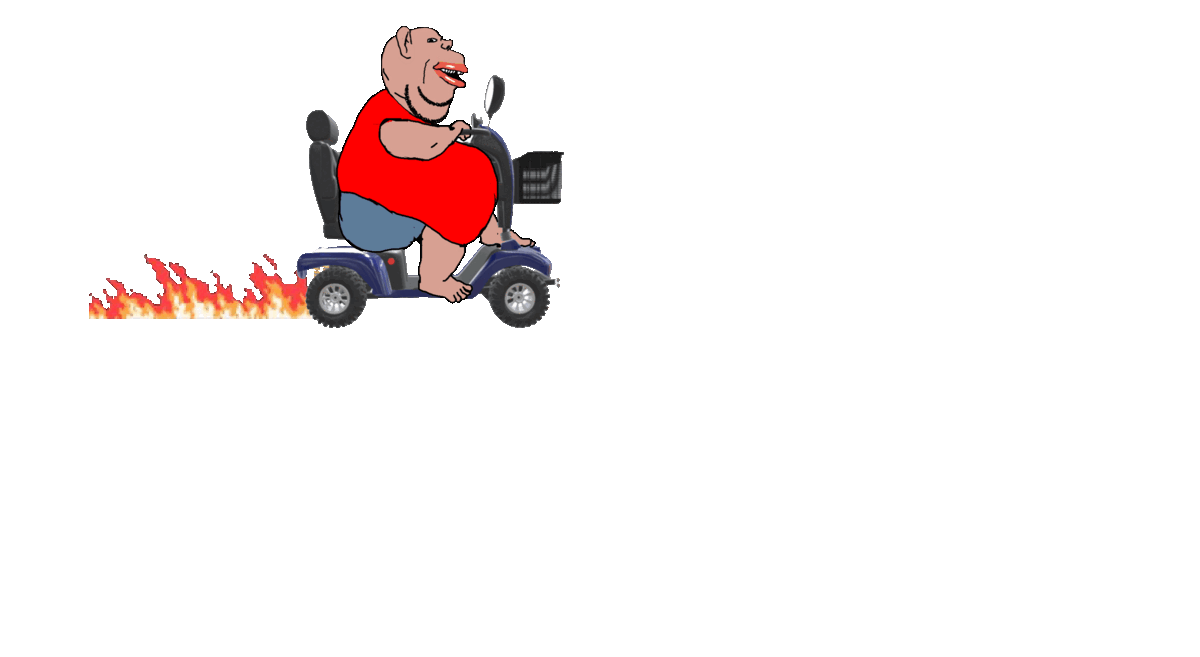 amerimutt animated arm belly blue_pants breasts brown_skin clothes driving ear fat fire foot full_body hand leg lips mcdonalds mobility_scooter mutt open_mouth red_shirt scooter sleeveless_shirt soyjak stubble subvariant:impish_amerimutt subvariant:impish_front transparent_background variant:impish_soyak_ears walmart wheel // 1200x657 // 867.4KB