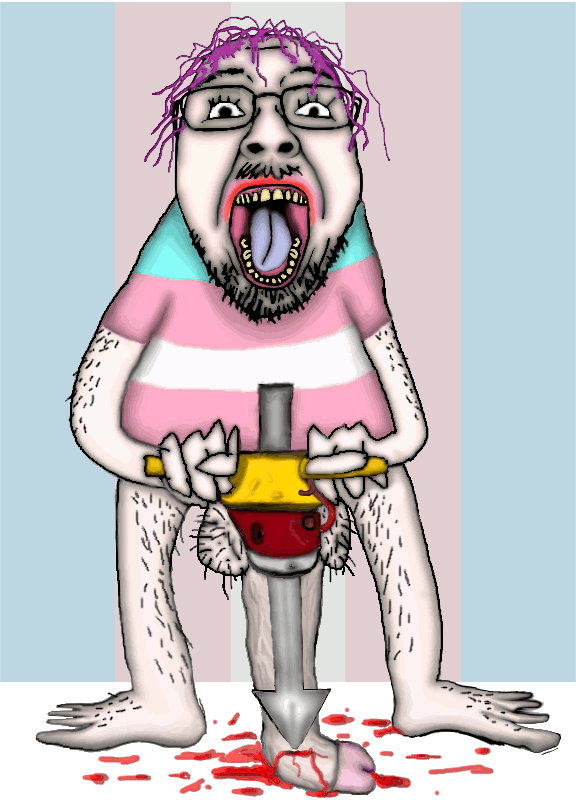 animated blood eyelashes full_body glasses hair hairy jackhammer mustache nsfw open_mouth penis purple_hair soyjak tongue tranny variant:bernd yellow_teeth // 576x800 // 1.3MB