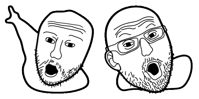 2soyjaks animated arm ear glasses hand headbanging open_mouth pointing soyjak stubble variant:two_pointing_soyjaks // 651x326 // 98.9KB