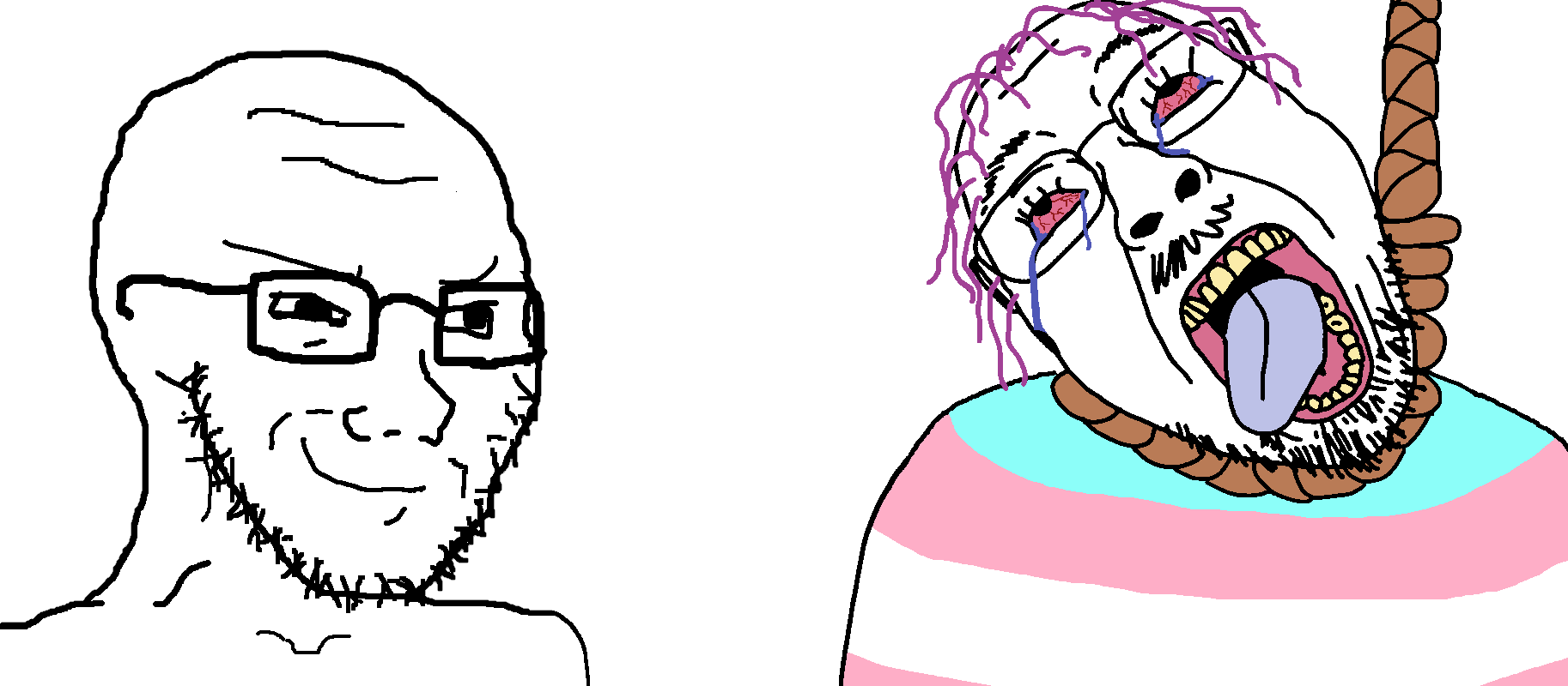 ack animated blood bloodshot_eyes crying ext=gif flag:transgender_pride_flag glasses gun gunshot_wound hand pistol rope smug soyjak stubble subvariant:soyak_(smug) tongue tranny transparent_background variant:bernd variant:soyak // 1826x800 // 812.5KB