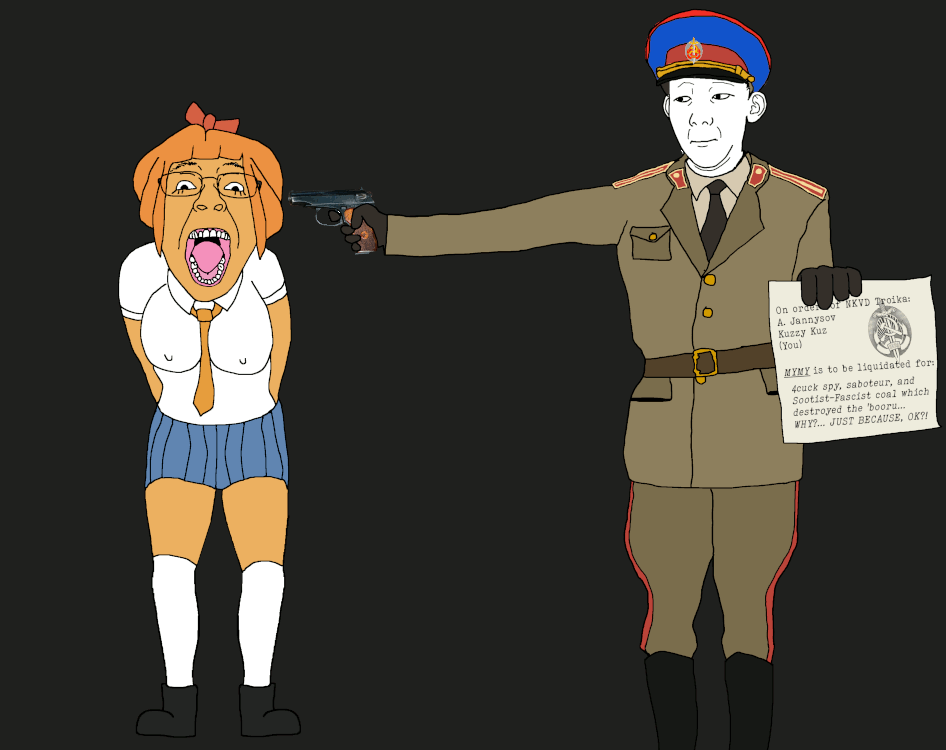 (you) 2soyjaks anti_ongezellig arm big_breasts blood bloodshot_eyes breasts closed_mouth clothes collar_tabs communism dead death ear execution full_body glasses gun gunshot hair hand hat holding_gun holding_object holding_pistol kuz military_cap mymy necktie nkvd ongezellig orange_hair orange_skin pistol shooter shooting skirt soviet_union soyjak stalinism text uniform variant:bernd variant:kuzjak // 946x750 // 272.2KB