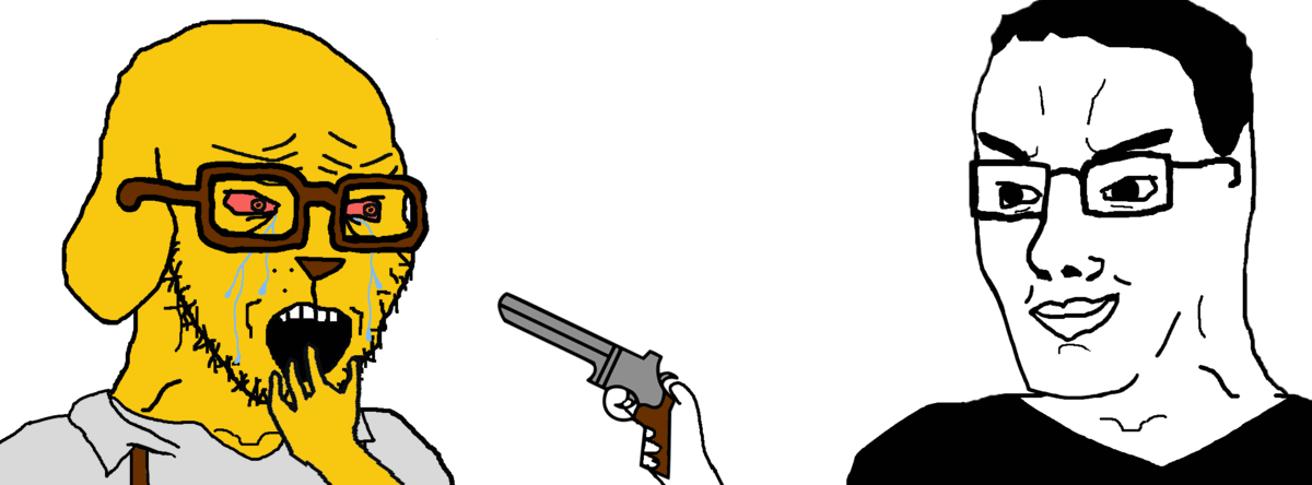 2soyjaks animal_abuse animated blood bloodshot_eyes chin closed_mouth clothes crying dog ear firearm glasses gore gun hair hand holding_gun holding_object holding_pistol janny murder open_mouth pistol shooting soyjak stubble suspenders tongue variant:chudjak variant:soyak weapon yellow_skin yellow_teeth // 1200x444 // 162.1KB