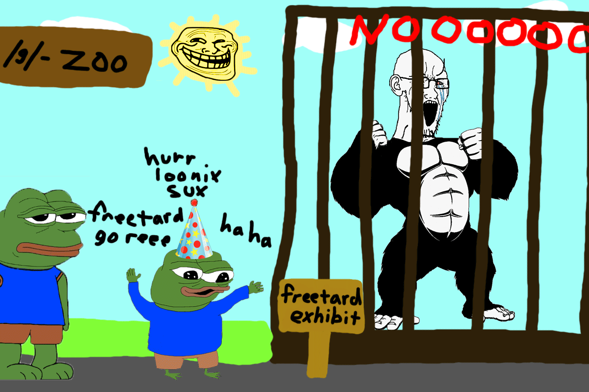 animal animated apu arm bloodshot_eyes cage crying ear freetard frog full_body g_(4chan) glasses gorilla hand leg linux open_mouth party_hat pepe rage_comic screaming sign soyjak stretched_mouth stubble sun technology text trollface variant:soyak zoo // 1200x800 // 210.0KB