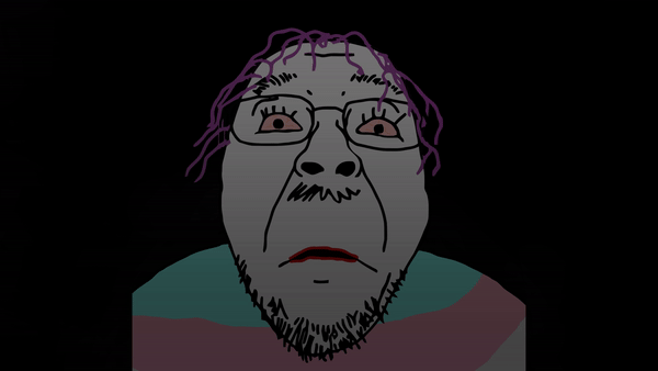 animated blood bloodshot_eyes closed_eyes crying firearm frown glasses gore hair mustache purple_hair shotgun soyjak stubble suicide tranny variant:bernd // 600x338 // 720.6KB