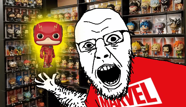 animated arm finger floating funko_pop glasses glowing hairy hand irl_background marvel no_eyebrows open_mouth shelf shoulder soyjak stubble superhero the_flash variant:yurjak wrinkles // 768x442 // 579.6KB