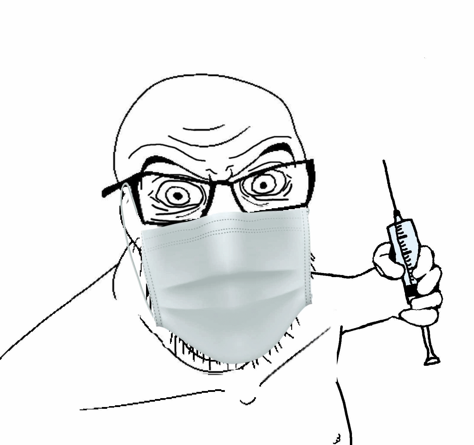 angry animated arm coronavirus_pandemic glasses hand holding_object holding_syringe mask mouth_mask nipple soyjak stubble surgical_mask syringe vaccine variant:feraljak wrinkles // 1600x1500 // 413.6KB