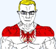 Brandenburg arm blue_eyes buff closed_mouth clothes eagle flag flag:brandenburg germany glasses hair soyjak subvariant:chudjak_front subvariant:muscular_chud transparent transparent_background tshirt variant:chudjak vein yellow_hair // 1059x929 // 129.9KB