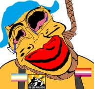 ack blue_hair crying flag flag:lesbian_pride_flag flag:minor_attracted_person hair lesbian leslie_(whacky_lesbian_hour) lips map_(pedophile) newgrounds noose pedophile red_eyes rent_free rope sign slopjak soyjak subvariant:jartycuck suicide tank text variant:chudjak wacky_lesbian_hour yellow_skin // 1050x988 // 91.7KB