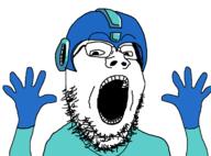 capcom excited glasses glove hand hands_up helmet mega_man merge open_mouth soyjak stubble variant:excited_soyjak variant:gapejak // 1200x886 // 74.4KB