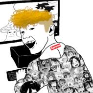 ahegao anime clothes computer hair hoodie nsfw open_mouth shroomjak soyjak supreme twinkjak variant:zoomer_on_computer yellow_hair // 695x701 // 366.5KB