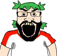4chan acne angry anime beard blackheads clothes glasses green_hair hair open_mouth soyjak subvariant:science_lover sweating tshirt variant:markiplier_soyjak white_skin yellow_sclera yellow_teeth yotsoyba // 800x789 // 22.1KB