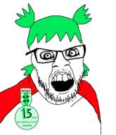 4chan angry anime badge clothes crazed glasses green_hair hair oldfag open_mouth soyjak stubble variant:feraljak yotsoyba // 1400x1630 // 687.0KB