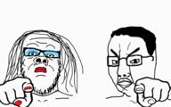 2soyjaks angry animated bloodshot_eyes closed_mouth glasses hair makeup open_mouth painted_nails pointing pointing_at_viewer soyjak stubble tranny variant:a24_slowburn_soyjak variant:chudjak // 560x351 // 65.0KB