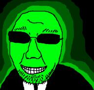 bald central_intelligence_agency clothes eyebrows glasses glowie green green_skin looking_at_you necktie smile soyjak stubble suit tuxedo variant:groomjak white_teeth wrinkles // 433x415 // 14.2KB