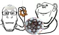 2soyjaks arm closed_mouth clothes ear food glasses hand hat holding_object judaism kippah smile soyjak star_of_david stubble variant:impish_soyak_ears variant:markiplier_soyjak // 774x465 // 273.1KB