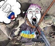 3soyjaks ak-47 arm blood bloodshot_eyes corpse dead flag flag:russia flag:ukraine glasses hair hand holding_object its_over military military_uniform mustache nsfw oink open_mouth purple_hair real_life rope russia russo_ukrainian_war soldier soyjak stubble subvariant:wholesome_soyjak text tongue tranny trollface troon ukraine uniform variant:bernd variant:flartson variant:gapejak // 1067x893 // 121.6KB