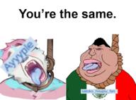 2soyjaks ack ayyyple crying flag flag:mexico flag:transgender_pride_flag furry mexico red_eyes rope satoko_houjou(namefag) soyjak subvariant:trannyfur suicide teeth tongue tranny variant:bernd variant:meximutt // 662x488 // 184.1KB