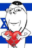 arm clothes flag flag:israel glasses hand hat heart holding_heart holding_object israel judaism kippah necklace nipple smile soyjak star star_of_david stubble subvariant:wholesome_soyjak variant:gapejak // 676x1021 // 166.2KB