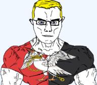 animal arm aryan bird blue_eyes british buckinghamshire buff closed_mouth clothes ear england flag flag:buckinghamshire glasses hair pelican soyjak subvariant:chudjak_front subvariant:muscular_chud tshirt united_kingdom variant:chudjak vein yellow_hair // 1059x929 // 199.8KB