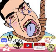 bloodshot_eyes crying discord ear furry glasses hair hanging loli map_(pedophile) open_mouth pedophile roblox rope seal sonnenrad soyjak subvariant:chudjak_front suicide tennessee text tongue variant:chudjak white_skin yellow_teeth // 768x719 // 377.5KB