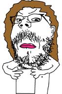 arm brown_hair closed_mouth ear frown glasses hand holding_object lips mustache nipple paper soyjak stubble variant:gapejak // 676x1021 // 177.5KB