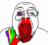 beaten black_eye blood broken_glasses broken_teeth colorful crying glasses hand missing_teeth open_mouth soyjak stubble variant:bernd // 1200x1125 // 266.9KB