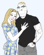 aryan blonde_hair_ blue_eyes blush buff closed_mouth clothes dress eyelashes female flowers glasses grey_pants grey_tshirt hair lipstick long_hair male smile soyjak stubble trad_wife transparent transparent_background variant:cobson vein watch wojak yellow_hair // 707x884 // 420.4KB