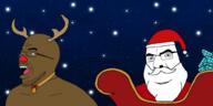 2soyjaks angry antler beard bell christmas closed_mouth clothes drawn_background gem glasses hat mustache night open_mouth red_nose reindeer rope rudolph santa santa_hat sleigh smile snow soyjak star stubble teeth thick_eyebrows variant:cobson variant:crossjak white_beard white_hair // 3000x1500 // 1.4MB